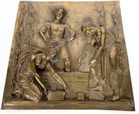 Bronze Figural Plaque, Wine Pressing Scene