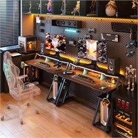 MOTPK Gaming Desk with Power Outlet & LED Lights
