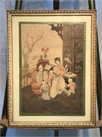 Antique Chinese Family Theme Watercolor / Etching