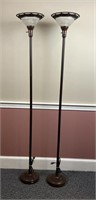 (2) Bronze Steel Torchiere Floor Lamps with Glass