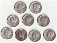 Nine Mercury 90% Silver Dimes