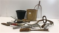 Hand tools, garden tools, crock with crack and