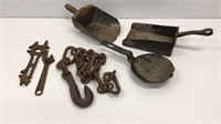 Primitive tool lot: 3 scoops, chain, wrench, etc.