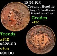 1834 N3 Coronet Head Large Cent 1c Grades vf++