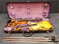 Double Violin Case, (2) Violins & (4) Bows