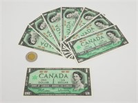 8 billets de 1$ du Canada non-circulés 1967