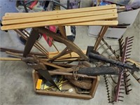 Antique Wood Rakes Saws Tool Box Assortment