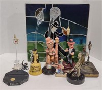 Glass Figurines, Cast Iron Ashtray, Brass