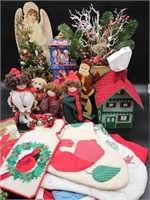 Christmas Decor w/ Angels, Buildings, & Stockings