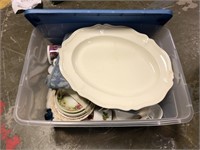 TOTE FULL OF CHINA DISHES AND MISC