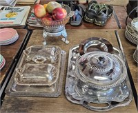 Table Lot Of Metal Serving Pieces & Fake Fruit