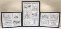Lot of 3 Framed Sets of Drawings by J T Trutter
