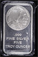 (1) 5 OZ .999 SILVER BUFFALO BAR