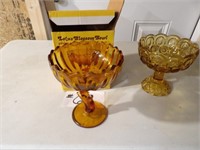 2) Amber footed glass bowls