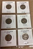 6 Jefferson nickels 1939-1959