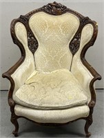 Carved Wood & Upholstered Arm Chair