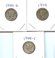 1944 Mercury Silver Dime Set - P, D & S Mint