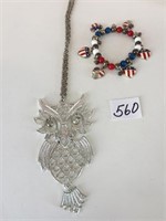 SILVER TONE LARGE OWL PENDANT WITH RHINESTONE