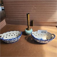 Vintage Delft Brass Bottom Vase & 2 Blue Dishes