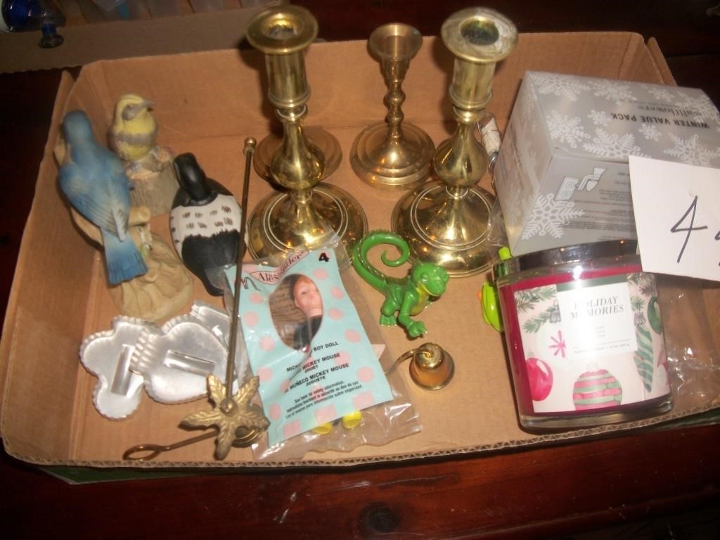 MISC LOT BIRDS, COOKIE CUTTERS, CANDLESTICKS ETC