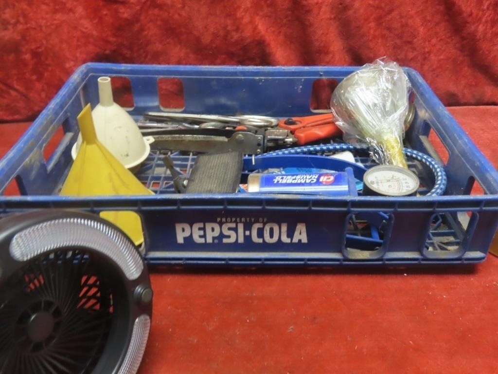 Pepsi cola crate, assorted tools oiler.