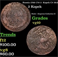 Russia 1766 ??? 2  Kopek C# 58.6 Grades vg+