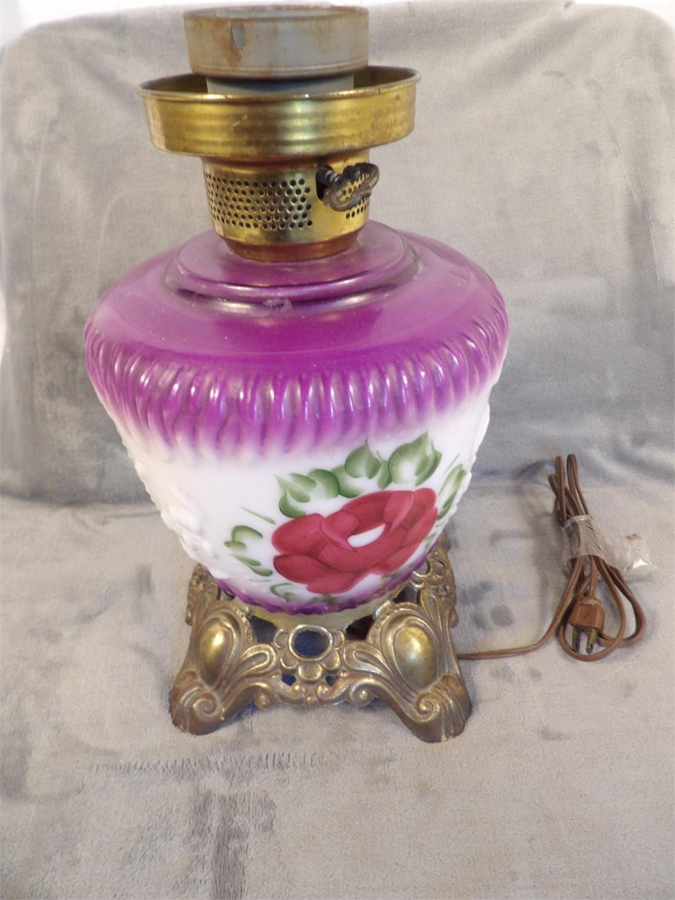 Vintage Hurricane Lamp - Purple w/ Flower