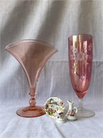 Fan base, 9" etched glass vase, mini plate,