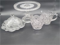 (4) Vtg. Pressed Glass: Cake Stand, Covered Butter
