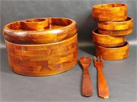 Pomerantz Teak Carved Bowls, Tray, Spoon, Fork