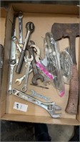Tray lot of wrenches, hatchet and other