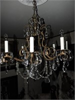 C. 1960 Brass & Crystal Chandelier Hanging Fixture