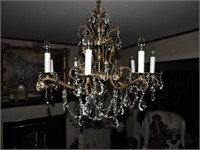 C. 1960 Brass & Crystal Chandelier Hanging Fixture