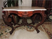19th C. Mahogany Marble Top Carved Center Table