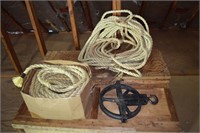 Large Steel pulley and 2 lengths of rope; as is