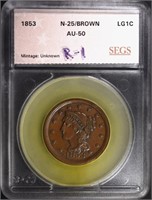 1853 LARGE CENT N-25 BN SEGS AU