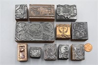 11 Vtg. Wood & Metal Block Print Stamps