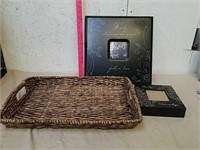 Wicker tray and two family wood picture frames