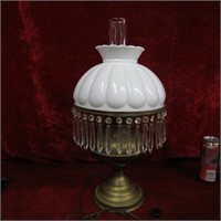 Antique brass oil lamp milk glass shade, prisms.