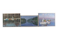 Boats in Harbor, three oils