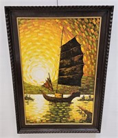 VINTAGE OIL ON CANVAS ASIAN SHIP AT SUNSET SIGNED