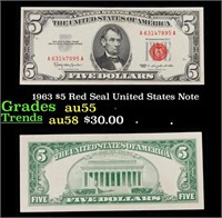 1963 $5 Red Seal United States Note Grades Choice