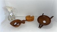 Wood wheelbarrow bowl, fish bowl w/ spoon, wood