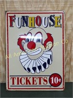 CARNIVAL FUNHOUSE TICKETS 10 CENTS CLOWN TIN SIGN