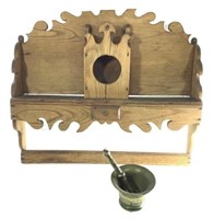 Antique Wood Shelf With Brass Mortar & Pestle