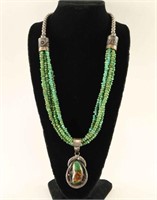 Six Strand Green Turquoise & Sterling Necklace