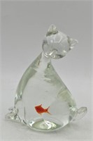 Hand Blown Clear Art Glass Cat/Gold Fish Figurine