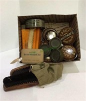 Vintage lot of shoe shining items include cadet
