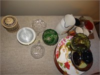 Assorted glass wear, coffee mugs, plates, wood