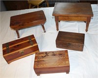 3 small wooden boxes & 2 wooden stools